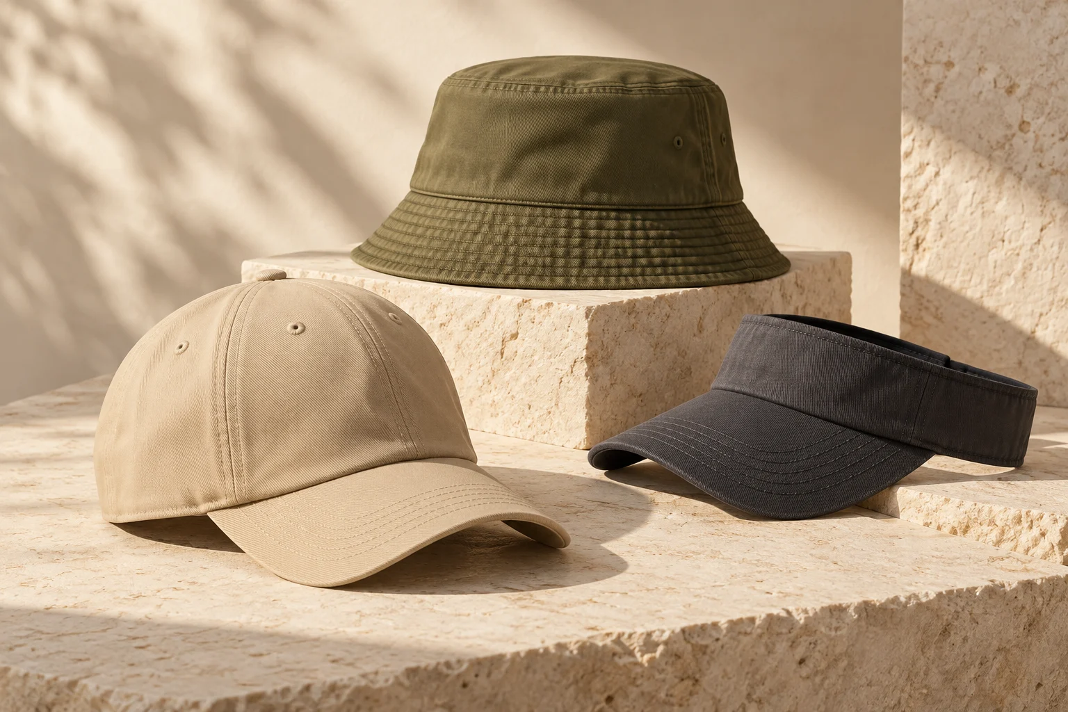 Custom headwear concepts in cotton twill: baseball cap, bucket hat and visor